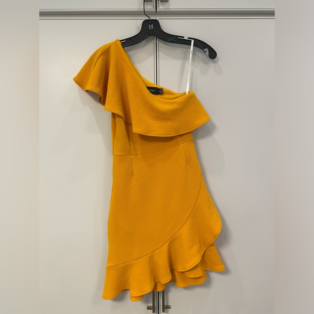 MinkPink one-shoulder mustard yellow ruffle dress